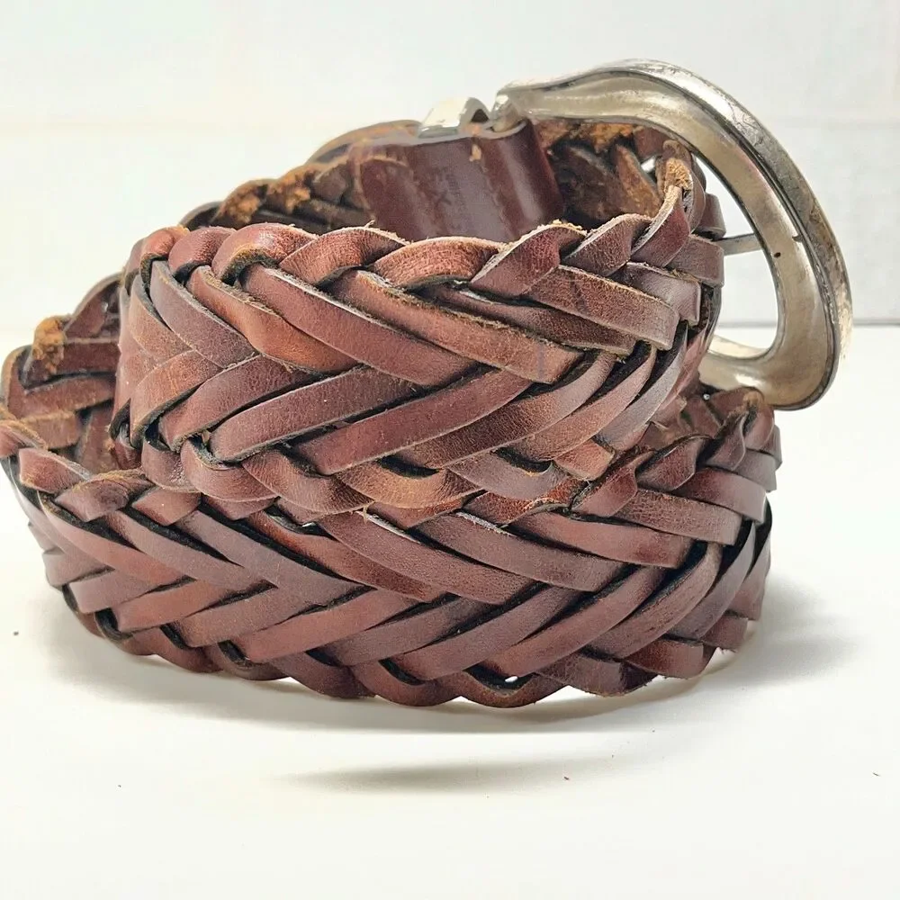 Vintage Express Brown Braided Leather Belt Size S Womens Weave Boho Wide